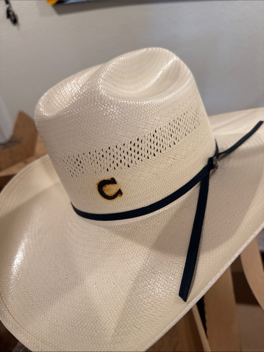 Charlie 1 Horse Cream Straw Western Hat with Black Band - Picture 2 of 5